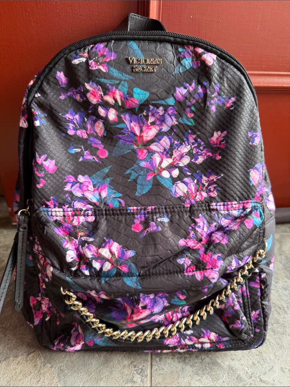 Victoria's Secret Black Floral Backpack with Gold Chain Accent
